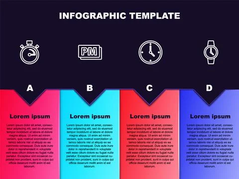 Set line Stopwatch, Clock PM, and Wrist. Business infographic template. Vector Illustrazione stock