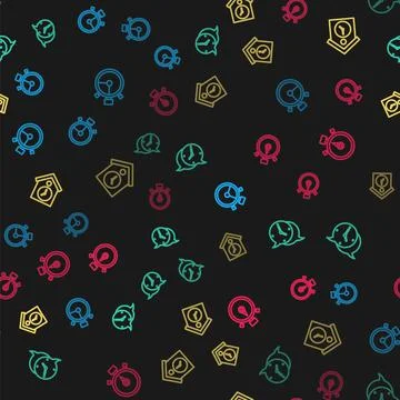 Set line Stopwatch, Clock speech bubble, Retro wall and on seamless pattern Illustrazione stock