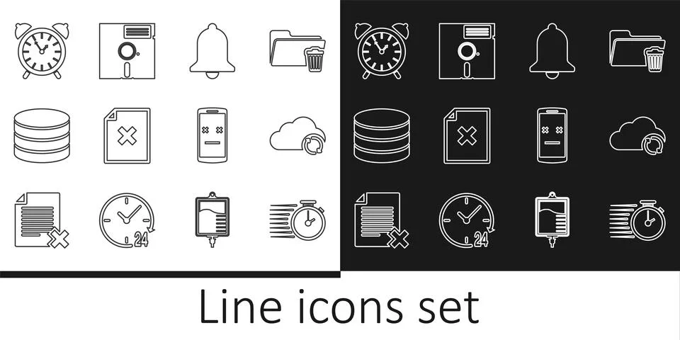 Set line Stopwatch, Cloud sync refresh, Ringing bell, Delete file document Illustrazione stock