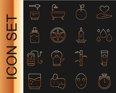Set line Stopwatch, Cream or lotion cosmetic tube, Water drop, Apple, Leaf .. Illustrazione stock