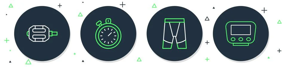 Set line Stopwatch, Cycling shorts, Bicycle pedal and speedometer icon. Vecto 库存插图