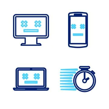 Set line Stopwatch, Dead laptop, mobile and monitor icon. Vector Stock Illustration