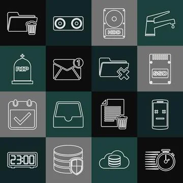 Set line Stopwatch, Dead mobile, SSD card, Hard disk drive HDD, New, email Stock Illustration
