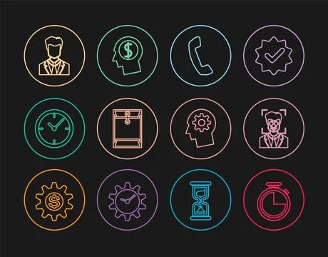 Set line Stopwatch, Face recognition, Telephone handset, Envelope, Clock, U.. Illustrazione stock