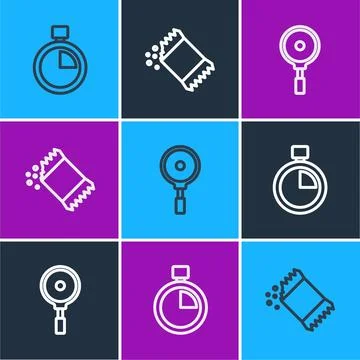 Set line Stopwatch, Frying pan and Packet of pepper icon. Vector Stock Illustration