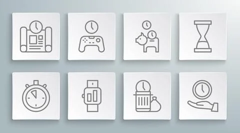 Set line Stopwatch, Gamepad of time, Smartwatch, Waste, Clock, Piggy bank w.. Stock Illustration