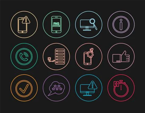 Set line Stopwatch, Hand thumb up, Computer monitor diagnostics, Server, Phone Stock-Illustration