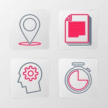 Set line Stopwatch, Human head with gear inside, Document and Map pin icon イラスト素材
