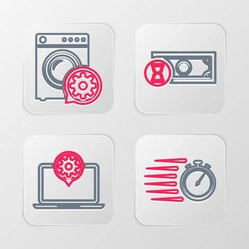 Set line Stopwatch, Laptop setting, Fast payments and Washer icon. Vector Illustrazione stock
