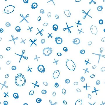 Set line Stopwatch, Lemon and Knitting needles on seamless pattern. Vector Stock Illustration
