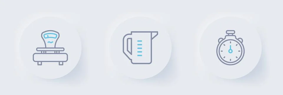 Set line Stopwatch, Measuring cup and Scales icon. Vector Stock Illustration