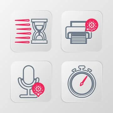 Set line Stopwatch Microphone setting Printer and Old hourglass with sand ico Stock Illustration
