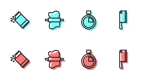 Set line Stopwatch, Packet of pepper, Rolling pin on dough and Meat chopper i Stock Illustration