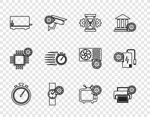 Set line Stopwatch, Printer setting, Hourglass, Wrist, Toaster, Tv and Power Stock Illustration