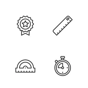 Set line Stopwatch, Protractor grid, Medal with star and Ruler icon. Vector Stock Illustration