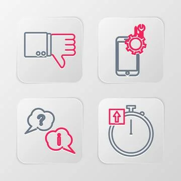 Set line Stopwatch, Question and Exclamation, Mobile service and Dislike ic.. Illustrazione stock