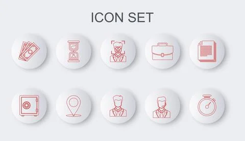 Set line Stopwatch, Safe, Face recognition, Man with headset, Stacks paper money Stock Illustration