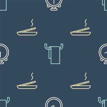 Set line Stopwatch, Scented spa stick and Towel on hanger on seamless pattern Illustrazione stock