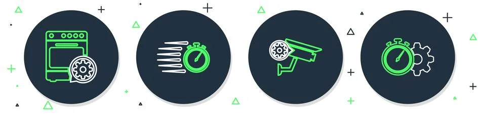 Set line Stopwatch, Security camera setting, Oven and Time management icon... Stock Illustration