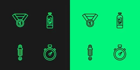 Set line Stopwatch, Shock absorber, Medal and Nitrous oxide icon. Vector Stock Illustration