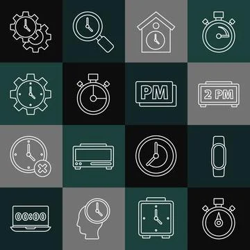 Set line Stopwatch, Smartwatch, Digital alarm clock, Retro wall, Time Management Illustrazione stock