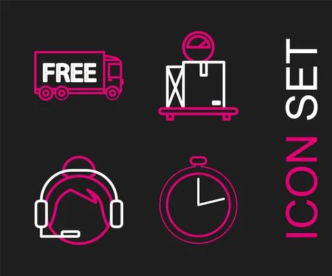 Set line Stopwatch, Support operator in touch, Scale with cardboard box and Free Stock Illustration