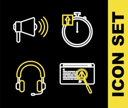Set line Stopwatch, System bug concept, Headphones and Megaphone icon. Vector Illustrazione stock