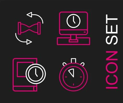 Set line Stopwatch, Time for book, Monitor time and Old hourglass with sand.. Stock Illustration