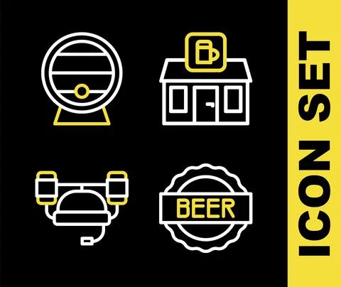 Set line Store building of beer shop, Bottle cap with, Beer helmet and Wooden Ilustración de archivo