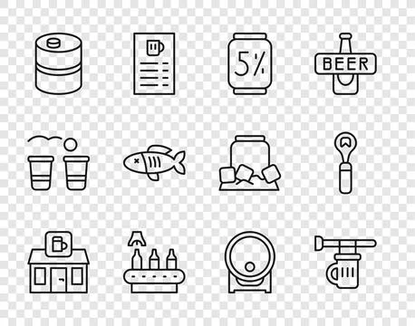 Set line Store building of beer shop, Signboard with glass, Beer can, Conveyor Illustrazione stock