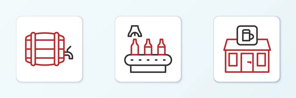 Set line Store building of beer shop Wooden barrel on rack and Conveyor band  Ilustración de archivo