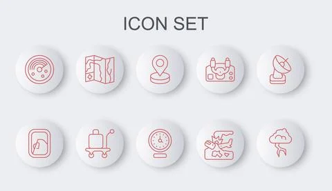 Set line Storm, Airplane window, Location, Plane crash, Radar with targets Stock Illustration