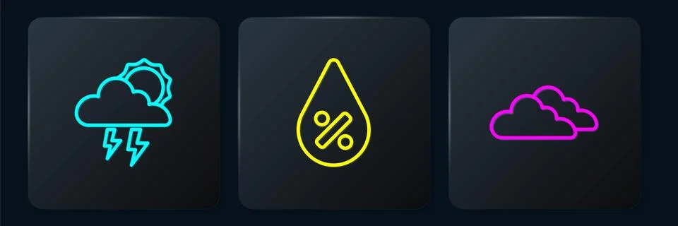 Set line Storm, Cloud and Water drop percentage. Black square button. Vector Stock Illustration