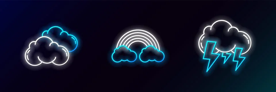 Set line Storm, Cloud and Rainbow with clouds icon. Glowing neon. Vector Stock Illustration
