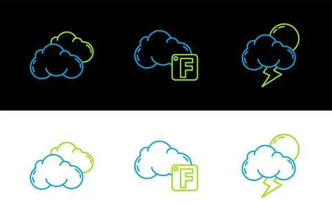 Set line Storm, Cloud and Fahrenheit and cloud icon. Vector Stock Illustration