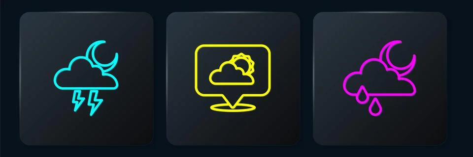 Set line Storm, Cloud with rain and moon and Location cloud. Black square button Illustrazione stock