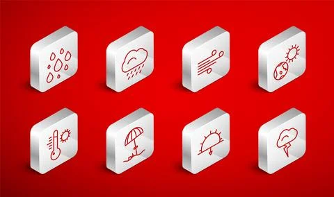 Set line Storm, Cloud with rain, Wind, Earth globe and sun, Sunset, Water d.. Stock Illustration