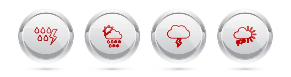 Set line Storm, Cloud with snow, rain, sun, and Cloudy. Silver circle button Stock Illustration