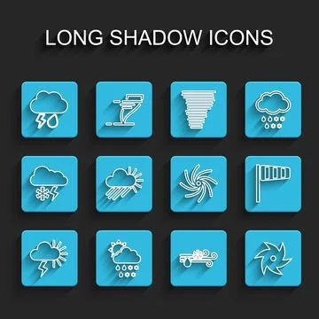 Set line Storm, Cloud with snow, rain, sun, and lightning, Wind, Tornado, C.. Stock Illustration