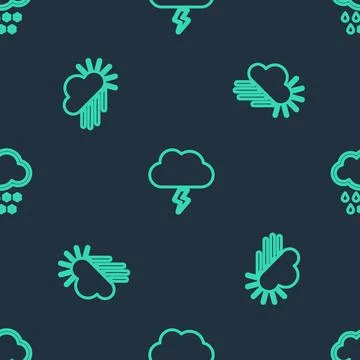 Set line Storm, Cloudy with rain and sun and snow on seamless pattern. Vector Stock Illustration