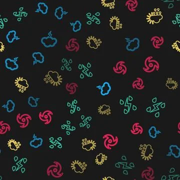Set line Storm, , Cloudy with rain and sun and Tornado on seamless pattern Stock Illustration