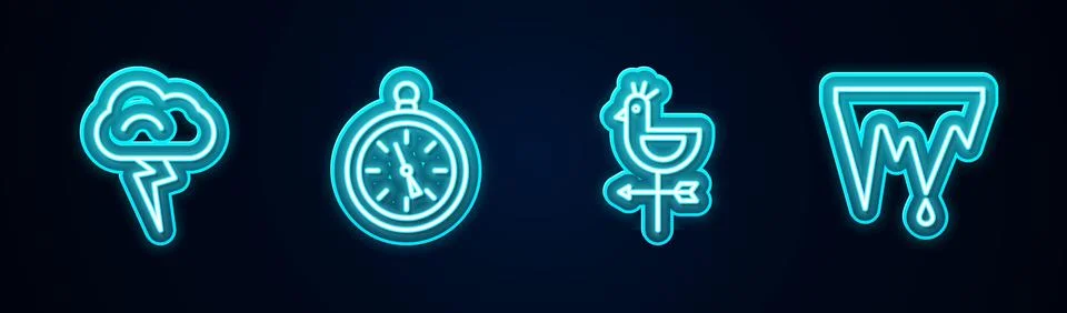 Set line Storm, Compass, Rooster weather vane and Icicle. Glowing neon icon.  Stock Illustration