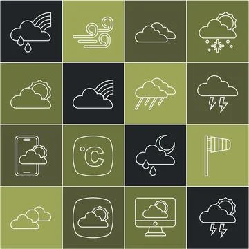 Set line Storm, Cone windsock wind vane, Cloud, Rainbow with clouds, Sun and Stockillustratie
