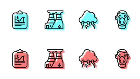 Set line Storm, Global warming, Nuclear power plant and Face protective mask Ilustração Stock