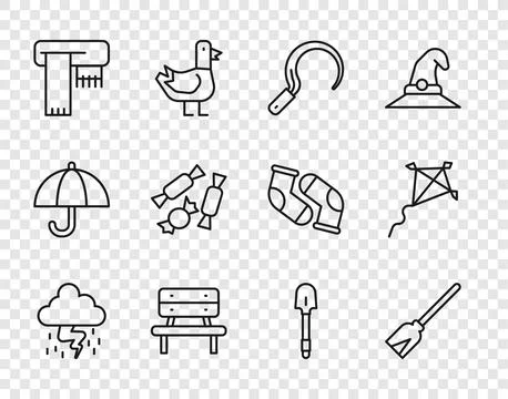 Set line Storm, Handle broom, Sickle, Bench, Winter scarf, Candy, Shovel and  Illustration