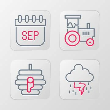 Set line Storm, Hive for bees, Tractor and September calendar autumn icon Ilustração Stock