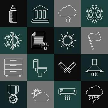 Set line Storm, Kitchen extractor fan, Flag, Cloud upload, Add new file, Sun and Ilustración de archivo