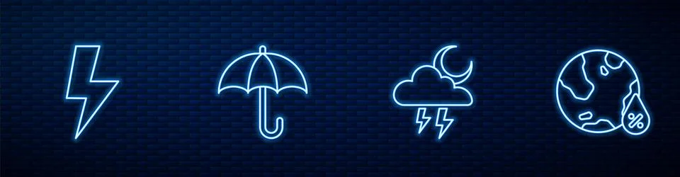 Set line Storm, Lightning bolt, Umbrella and Water drop percentage. Glowing.. Stock Illustration