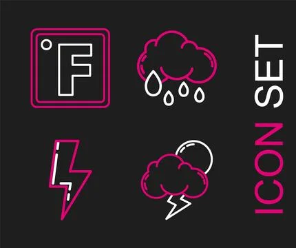 Set line Storm, Lightning bolt, Cloud with rain and Fahrenheit icon. Vector Stock Illustration