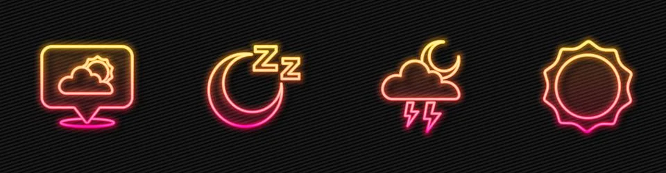 Set line Storm, Location cloud, Time sleep and Sun. Glowing neon icon. Vector Illustrazione stock